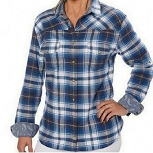 Jachs Girlfriend Bea Flannel Snap button up Front Shirt blue plaid-XS